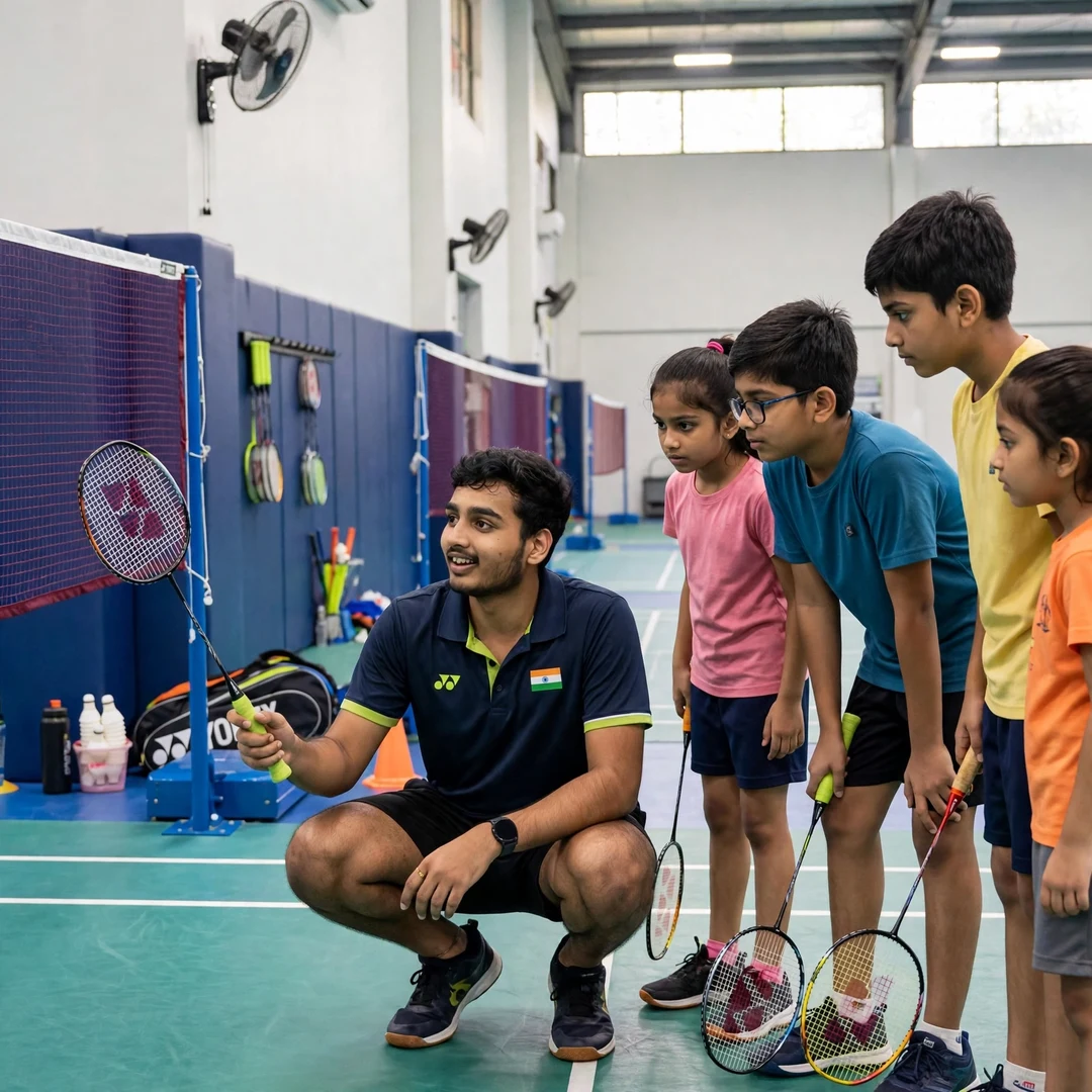 Tharun Mannepalli with junior players Tharun Mannepalli demonstrating a net shot to junior players at a badminton academy in Hyderabad (AI-generated)