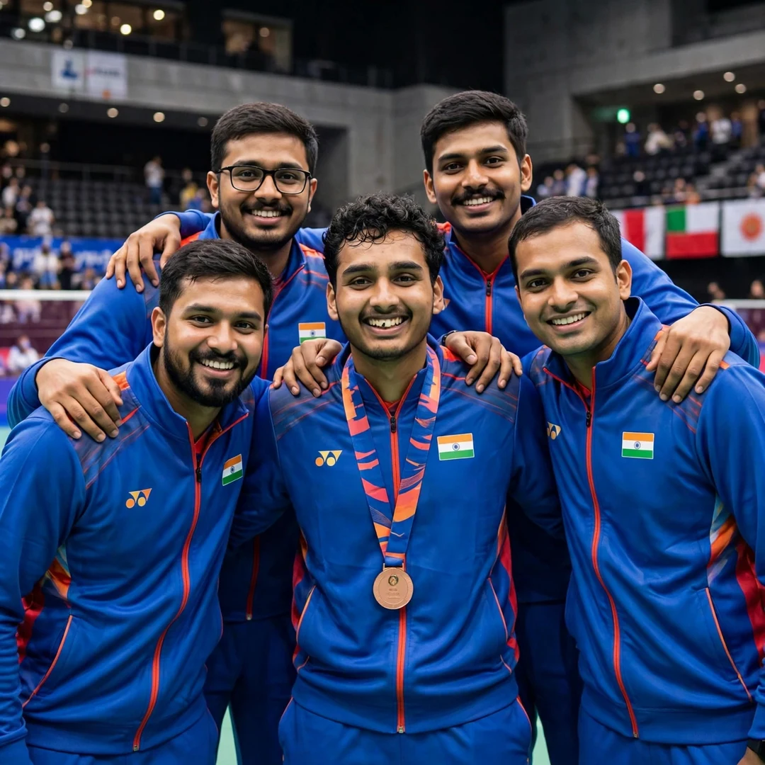 Tharun Mannepalli Asian Games bronze Tharun Mannepalli, centre, celebrating the Asian Games 2026 men's team bronze medal with his Indian teammates (AI-generated)