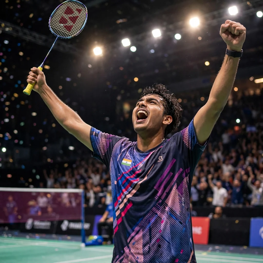 Tharun Mannepalli celebrating Tharun Mannepalli roaring in celebration after winning match point, racket raised in his right hand (AI-generated)