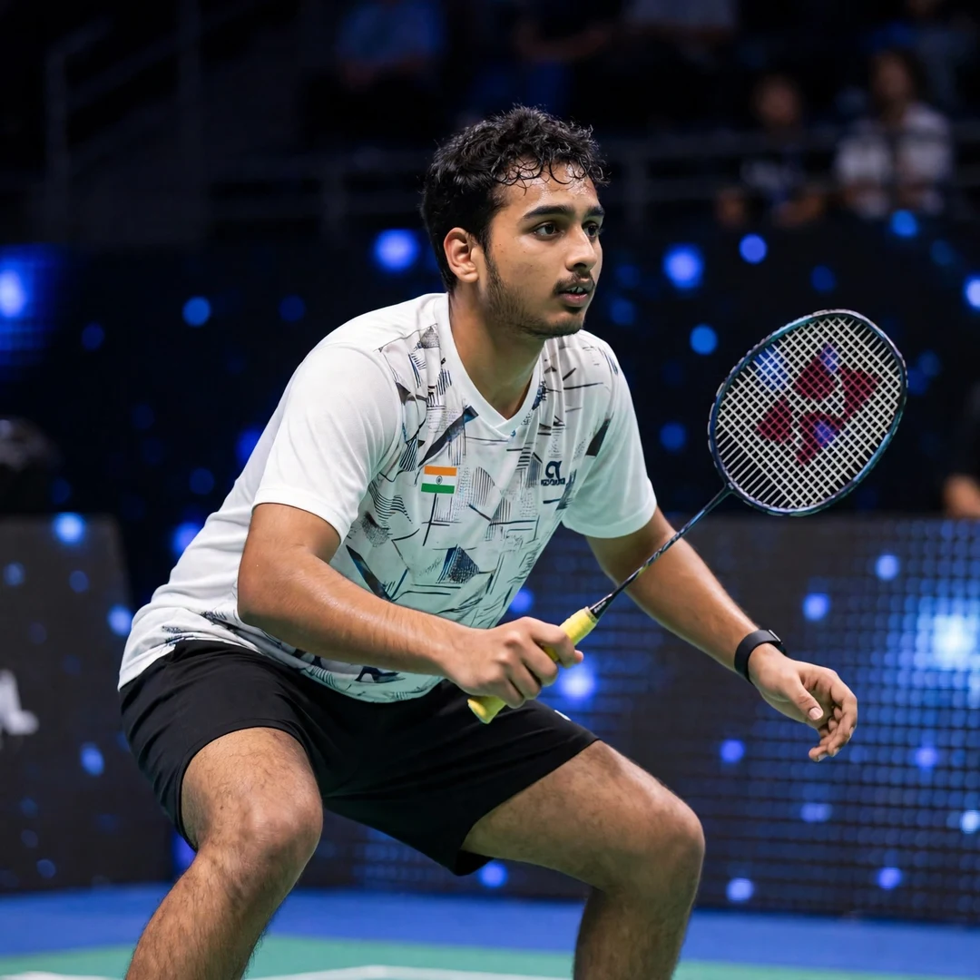 Tharun Mannepalli Macau Open Tharun Mannepalli in a low ready position at the Macau Open 2025, wearing his white India shirt (AI-generated)