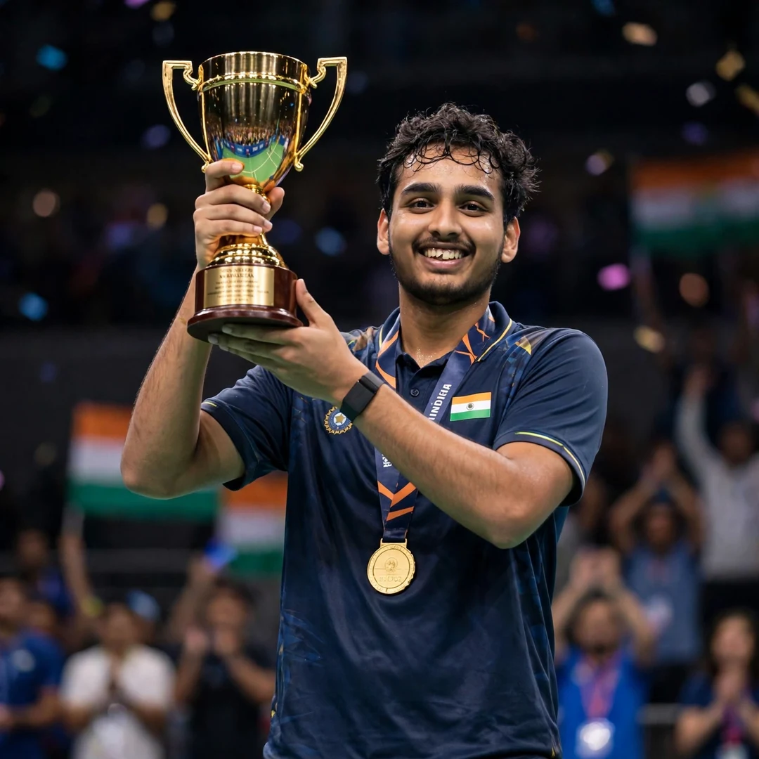 Tharun Mannepalli trophy Tharun Mannepalli lifting the trophy and wearing his gold medal after winning the Kazakhstan International Challenge 2024 (AI-generated)