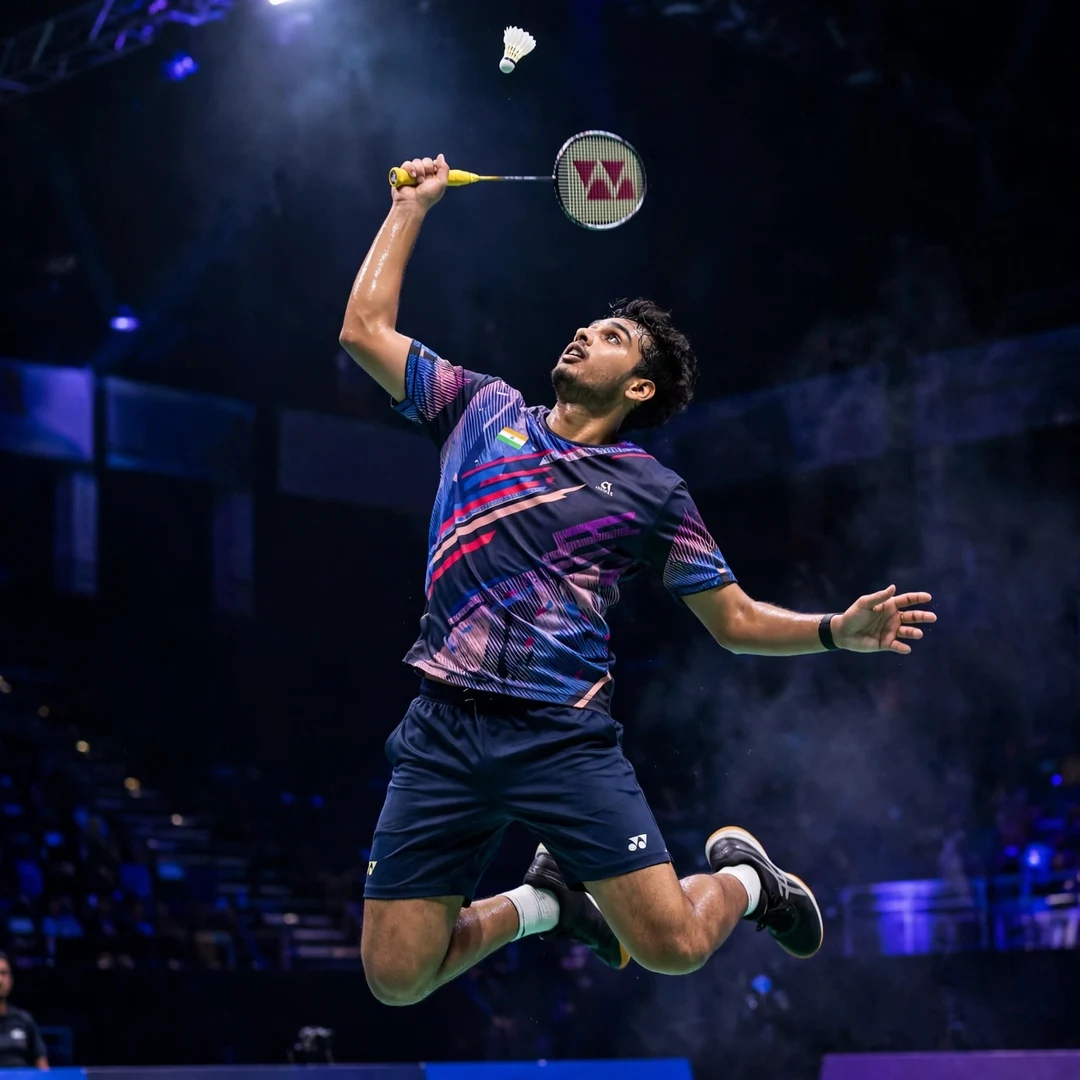 Tharun Mannepalli smash Tharun Mannepalli at the peak of a jump smash, racket in his right hand (AI-generated)