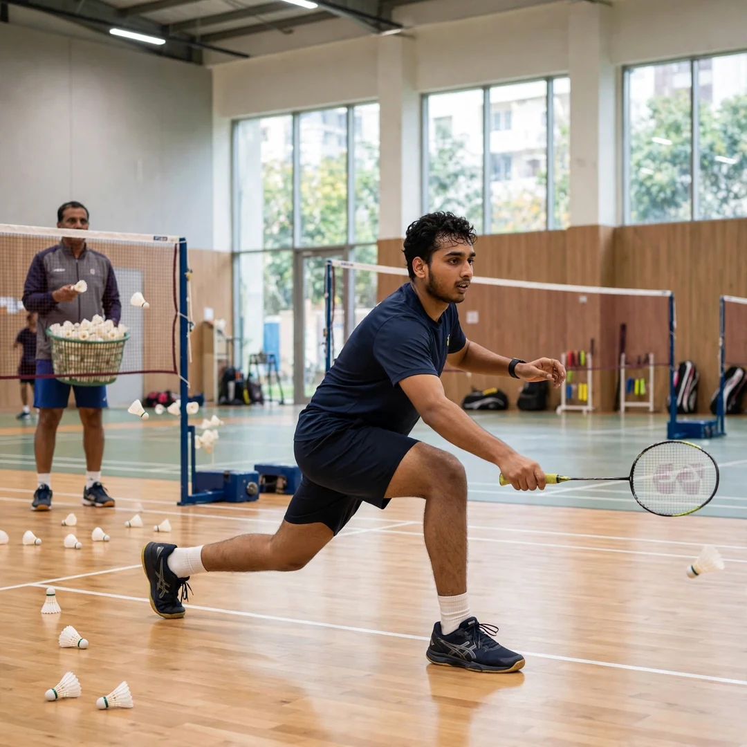 Tharun Mannepalli training Tharun Mannepalli in a multi-shuttle training drill at the Pullela Gopichand Academy in Hyderabad (AI-generated)