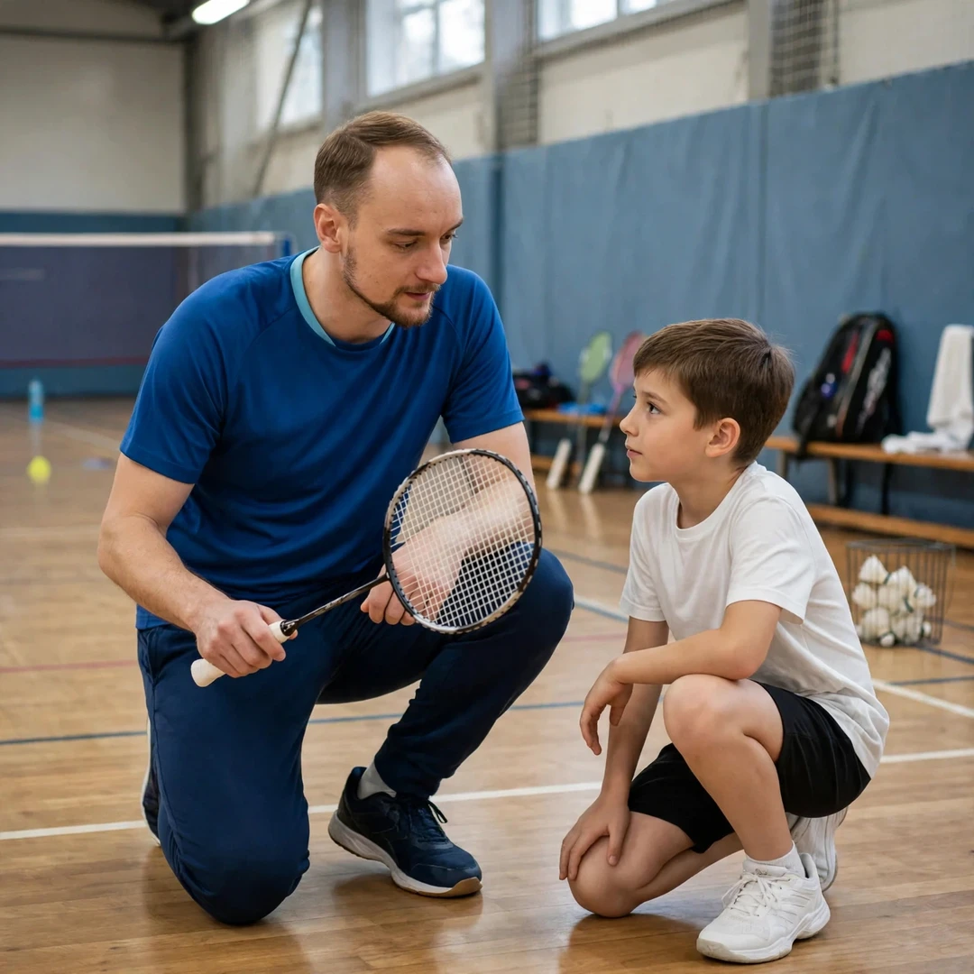 Tobias Kuenzi coaching a junior player at a badminton academy camp (AI-generated) Tobias Kuenzi coaching a junior player at a badminton academy camp (AI-generated)