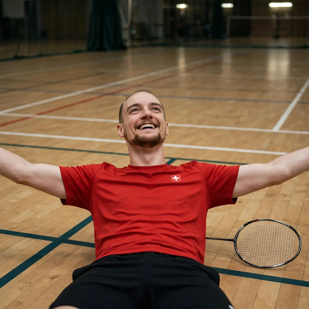 Tobias Kuenzi lying on the court celebrating a famous win, racket dropped beside him (AI-generated) Tobias Kuenzi lying on the court celebrating a famous win, racket dropped beside him (AI-generated)