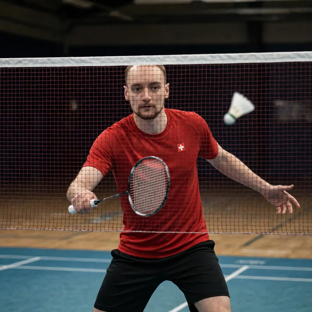 Tobias Kuenzi playing a tight spinning net shot (AI-generated) Tobias Kuenzi playing a tight spinning net shot (AI-generated)