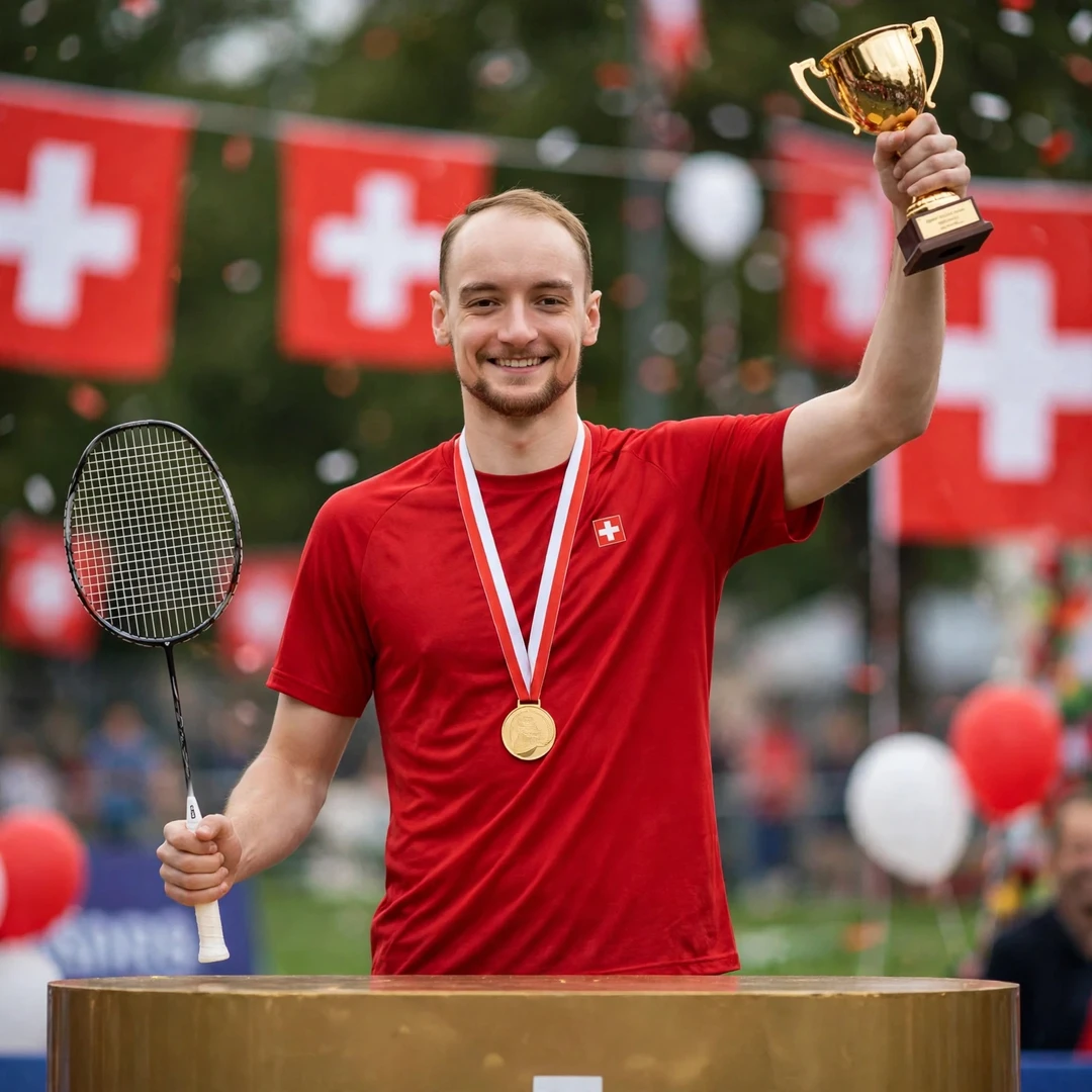 Tobias Kuenzi on the podium with a Swiss championship gold medal, racket in his right hand and trophy raised in his left (AI-generated) Tobias Kuenzi on the podium with a Swiss championship gold medal, racket in his right hand and trophy raised in his left (AI-generated)