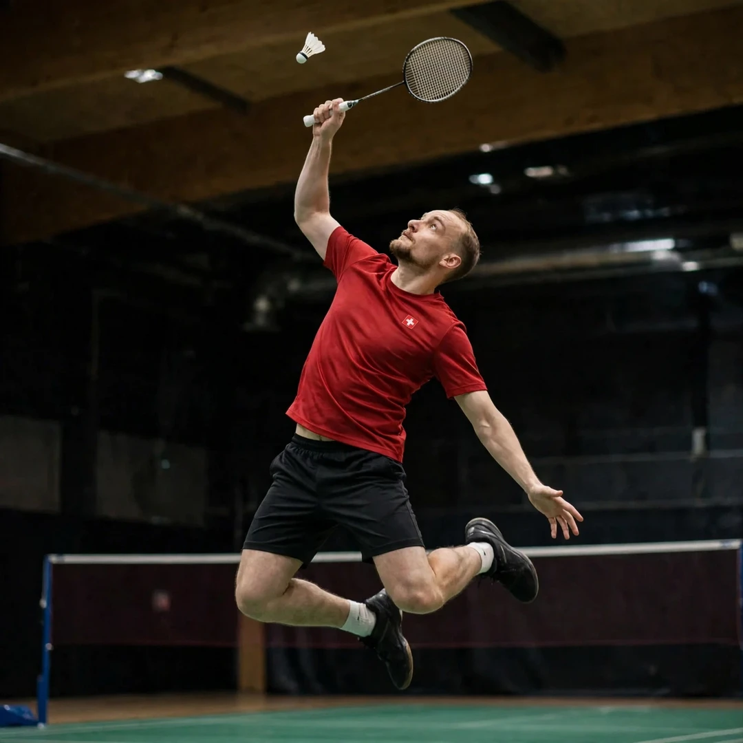 Tobias Kuenzi playing a jump smash with his right hand (AI-generated) Tobias Kuenzi playing a jump smash with his right hand (AI-generated)