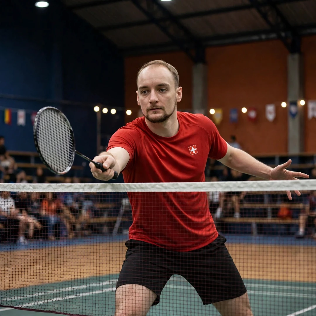 Tobias Kuenzi playing a net shot in the Venezuela International 2025 final (AI-generated) Tobias Kuenzi playing a net shot in the Venezuela International 2025 final (AI-generated)