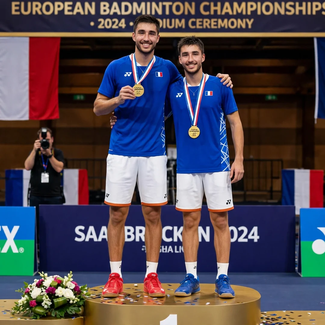 Toma Junior Popov European Championships gold medal podium Toma Junior Popov and Christo Popov with European Championships gold medals (AI-generated)