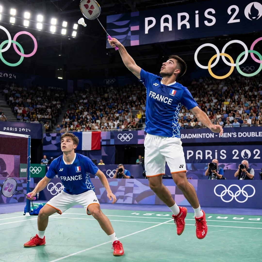 Toma Junior Popov Olympic men's doubles action Toma Junior Popov playing men's doubles at the Paris 2024 Olympics (AI-generated)