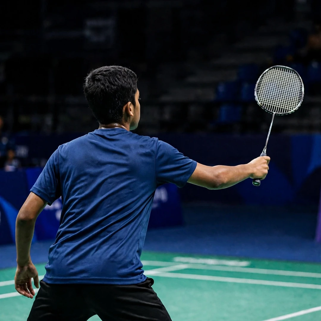 Tushar Suveer playing a forehand drive, seen from behind (AI-generated) Tushar Suveer playing a forehand drive, seen from behind (AI-generated)