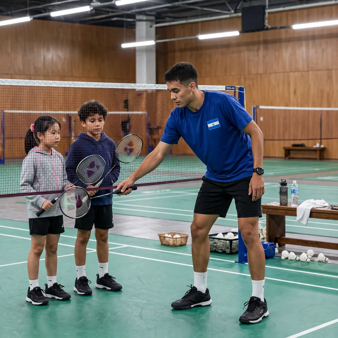 Uriel Francisco Canjura demonstrating a net shot to junior players at a badminton clinic (AI-generated) Uriel Francisco Canjura demonstrating a net shot to junior players at a badminton clinic (AI-generated)