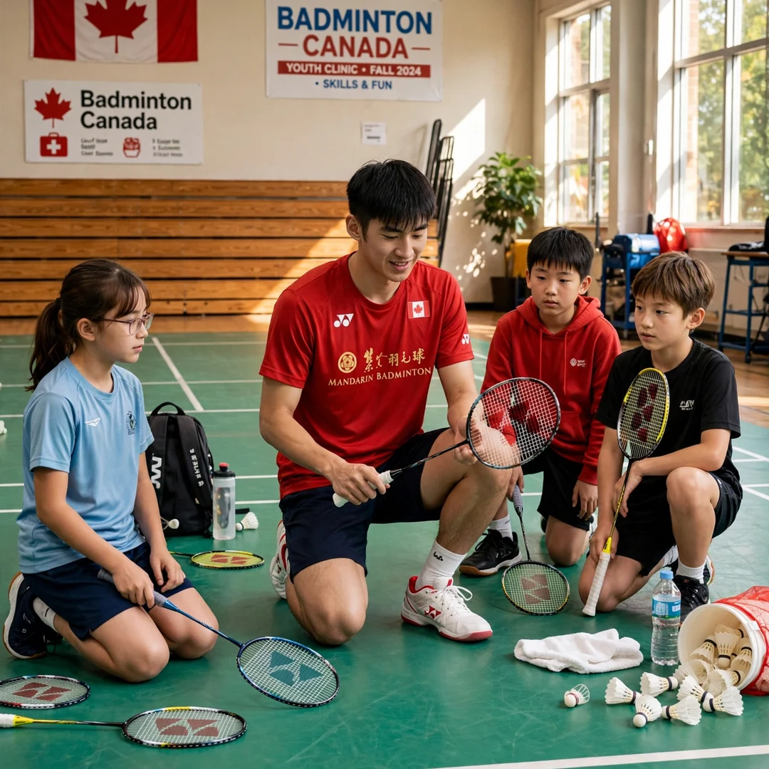 Victor Lai coaching junior players at a badminton clinic in Canada Victor Lai with junior players at clinic (AI-generated)
