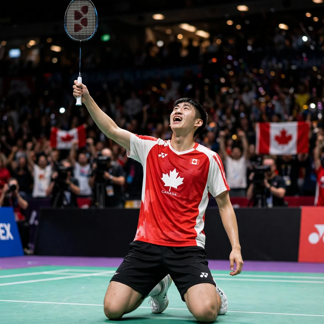 Victor Lai celebrating championship point on his knees Victor Lai celebrating victory (AI-generated)