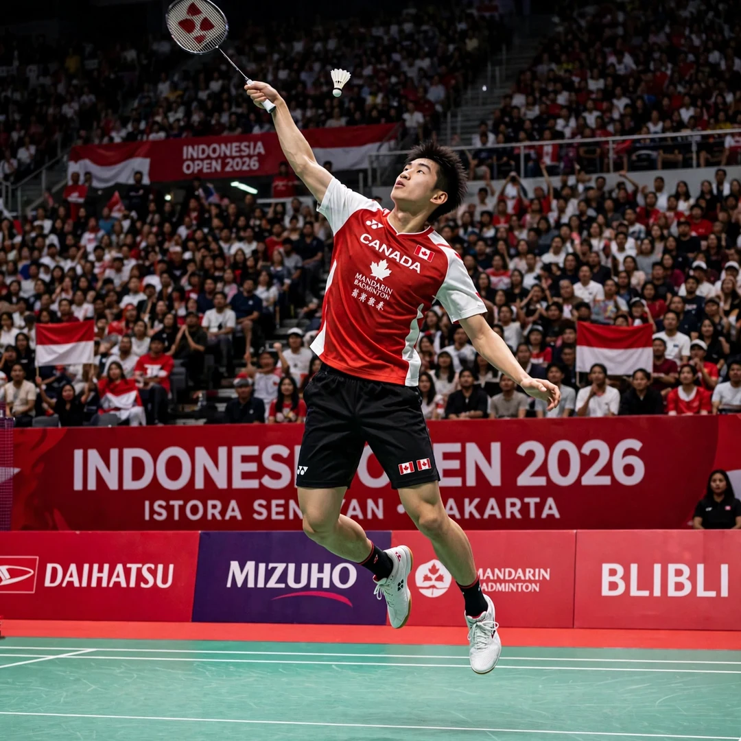 Victor Lai jump smash in the Indonesia Open 2026 final at Istora Senayan Victor Lai winning Indonesia Open 2026 (AI-generated)