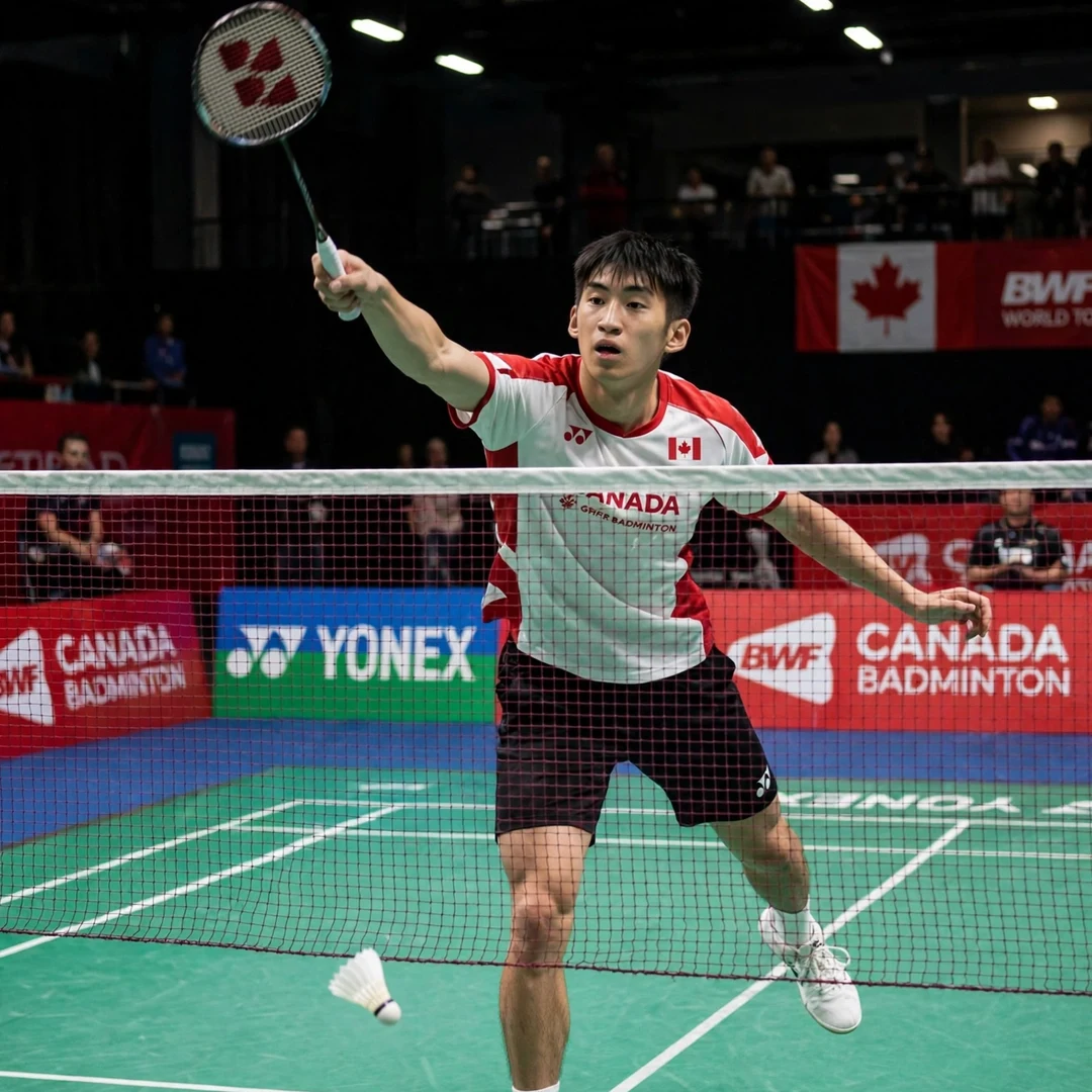 Victor Lai killing a loose shuttlecock at the net Victor Lai net play (AI-generated)