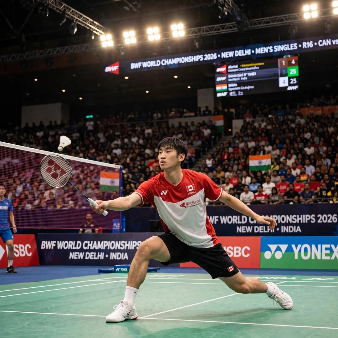 Victor Lai lunging at the net during World Championships 2026 in New Delhi Victor Lai at World Championships 2026 (AI-generated)