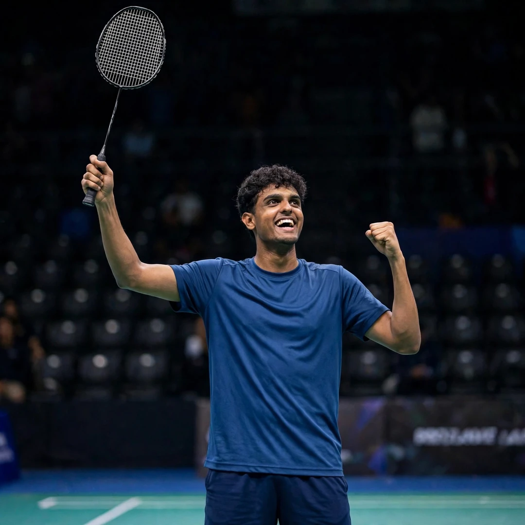 승리를 축하하는 Viren Nettasinghe 라켓을 들어 올리며 매치 포인트를 축하하는 Viren Nettasinghe (AI 생성)