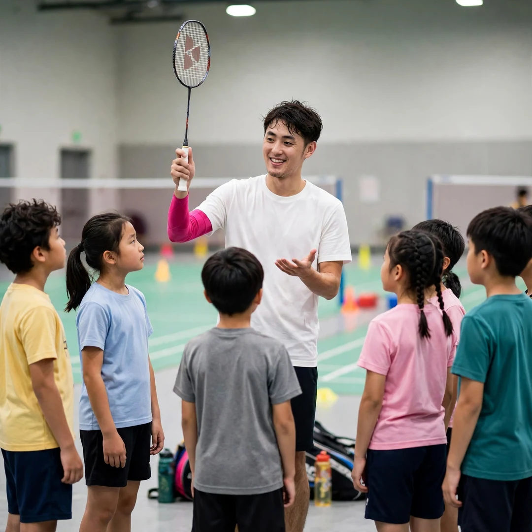Wang Po-Wei junior clinic Wang Po-Wei demonstrating the forehand grip to junior players at a badminton clinic (AI-generated)