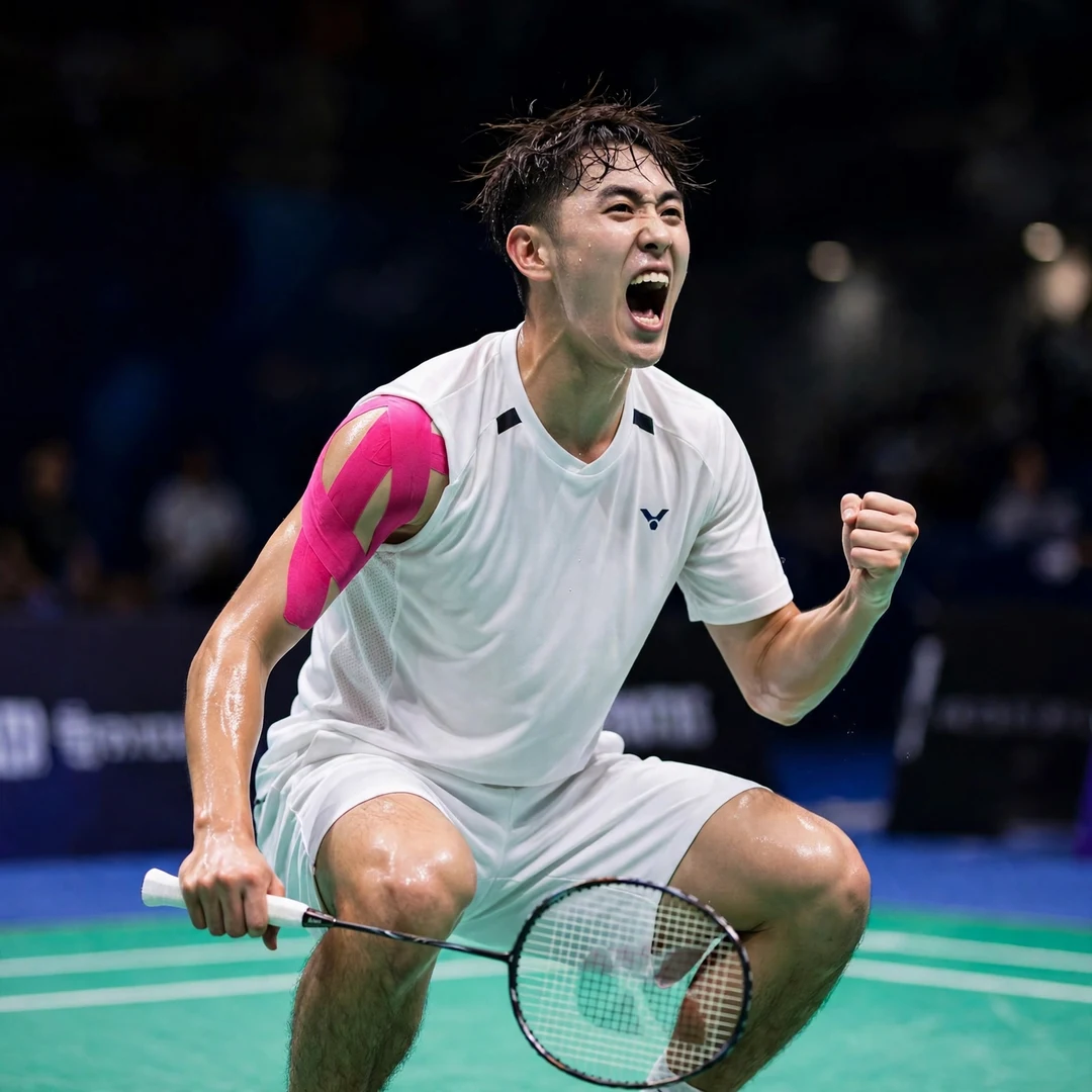Wang Po-Wei celebration Wang Po-Wei crouching and roaring in celebration after winning a match, racket in his right hand (AI-generated)