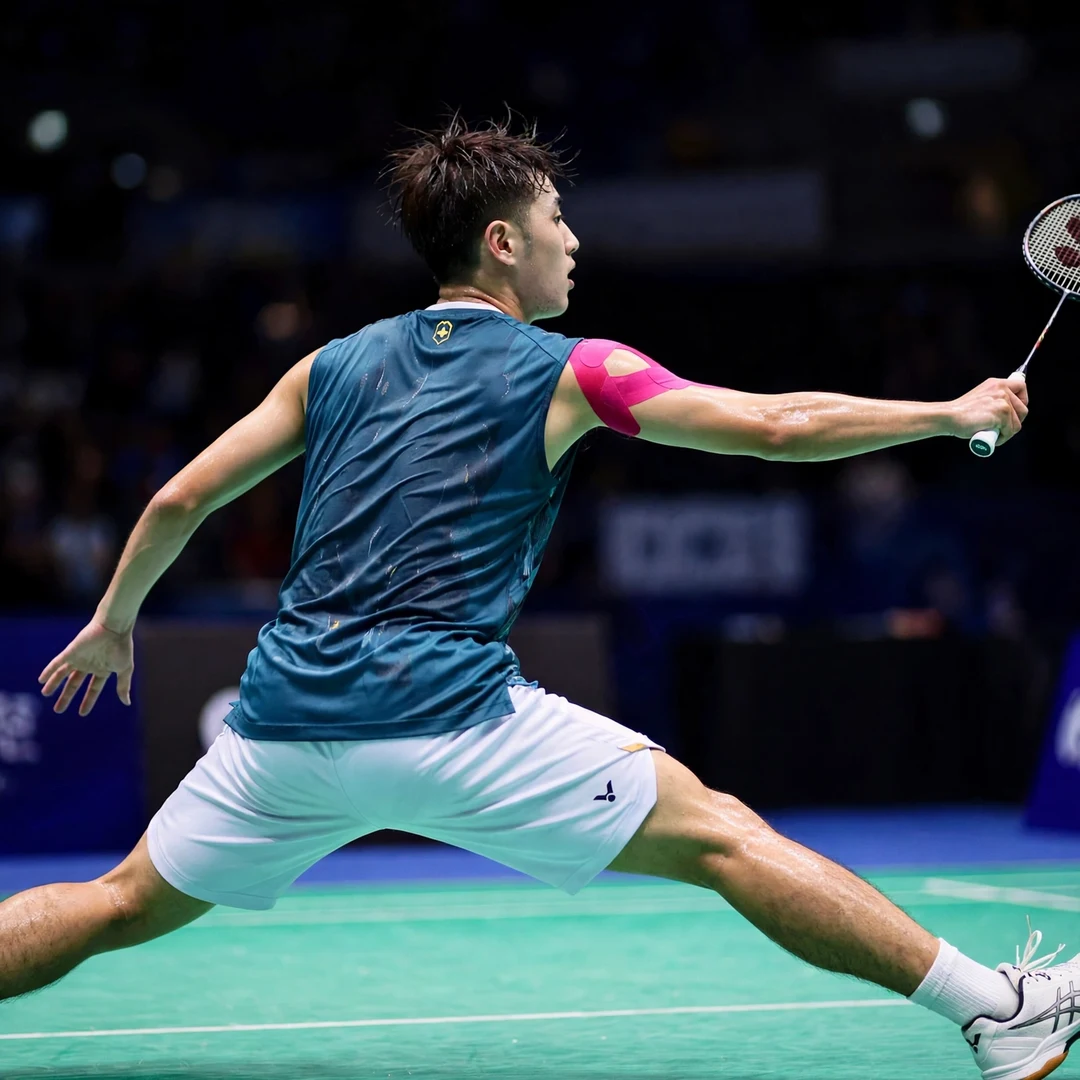 Wang Po-Wei defensive lunge Wang Po-Wei stretched wide in defence, seen from behind (AI-generated)