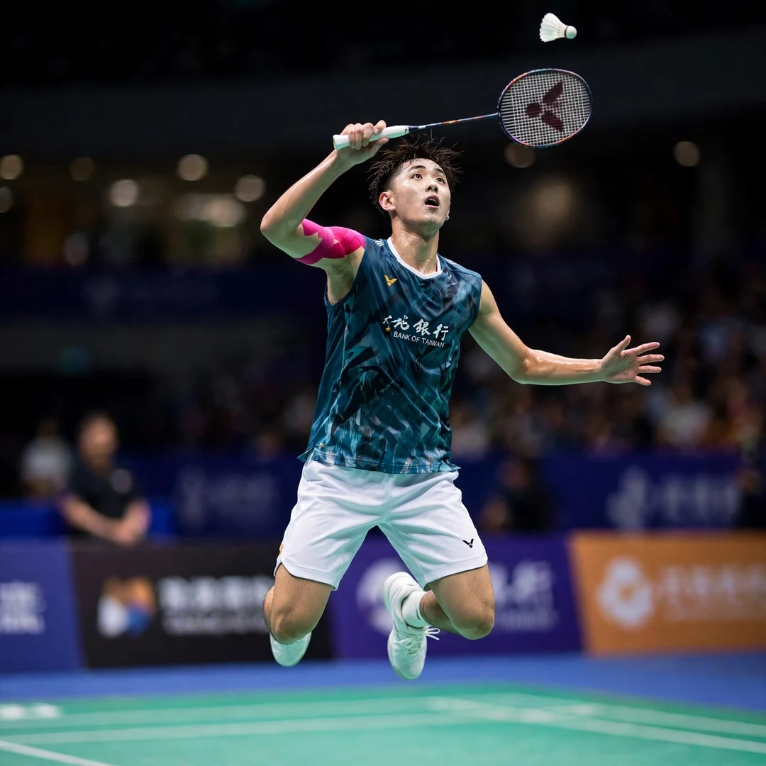 Wang Po-Wei Kaohsiung Masters jump smash Wang Po-Wei hitting a jump smash during his 2025 Kaohsiung Masters title run (AI-generated)