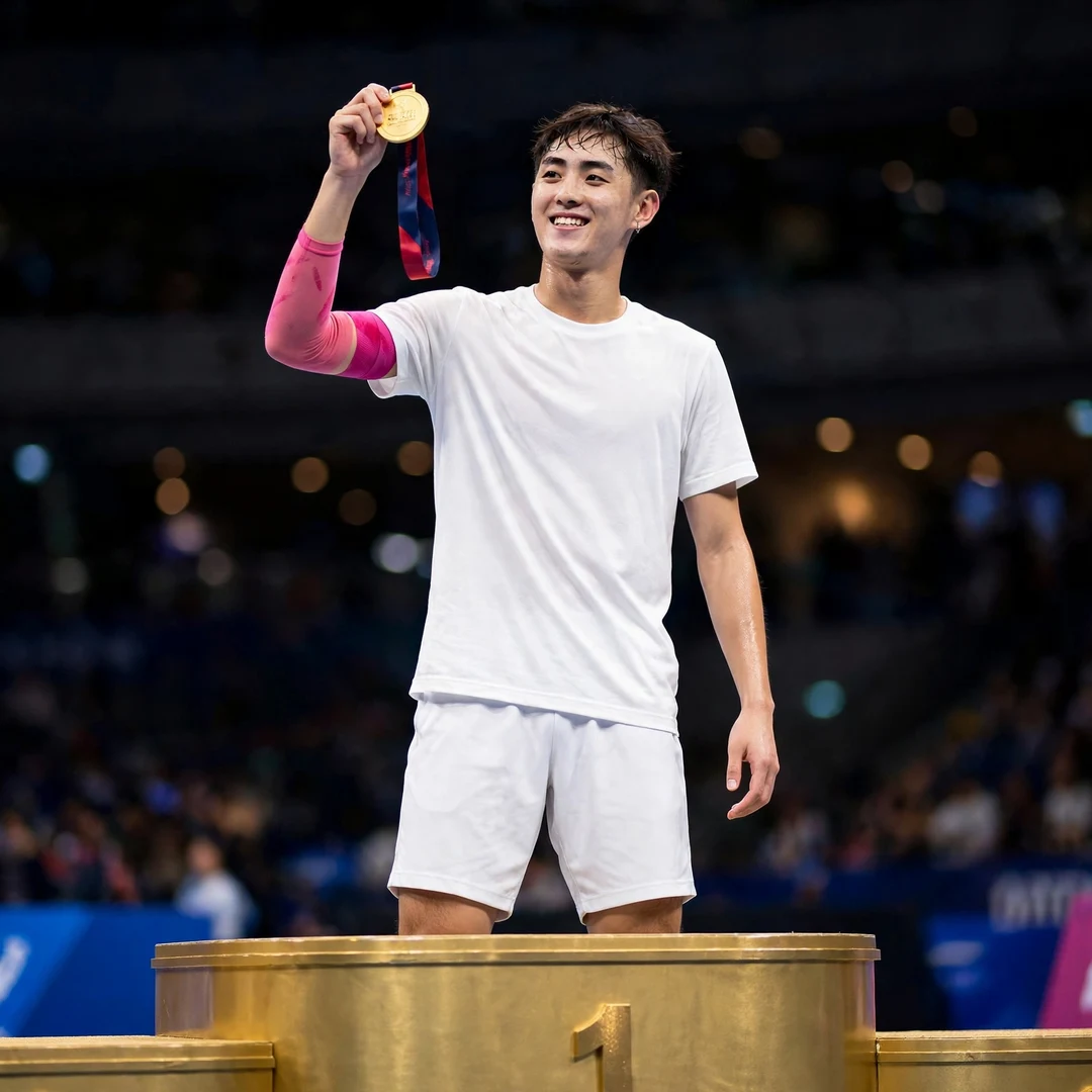 Wang Po-Wei National Games gold medal Wang Po-Wei holding up his gold medal at the Taiwan National Games (AI-generated)