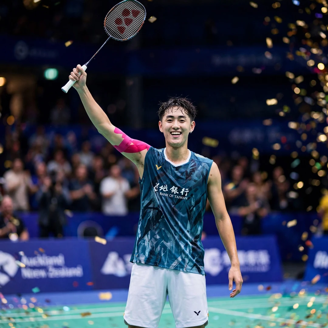 Wang Po-Wei North Harbour International celebration Wang Po-Wei raising his racket in celebration after winning the 2025 North Harbour International in Auckland (AI-generated)