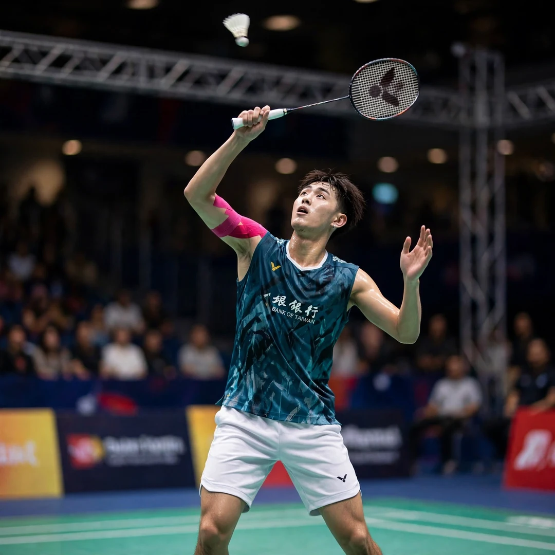 Wang Po-Wei Indonesia Masters Pontianak Wang Po-Wei playing an overhead shot at the 2026 Indonesia Masters Super 100 in Pontianak (AI-generated)