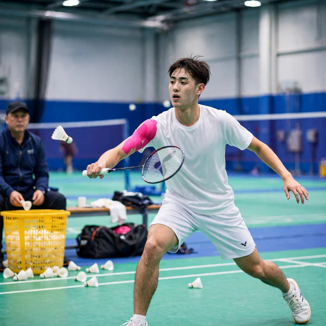 Wang Po-Wei training drill Wang Po-Wei in a multi-shuttle training drill (AI-generated)
