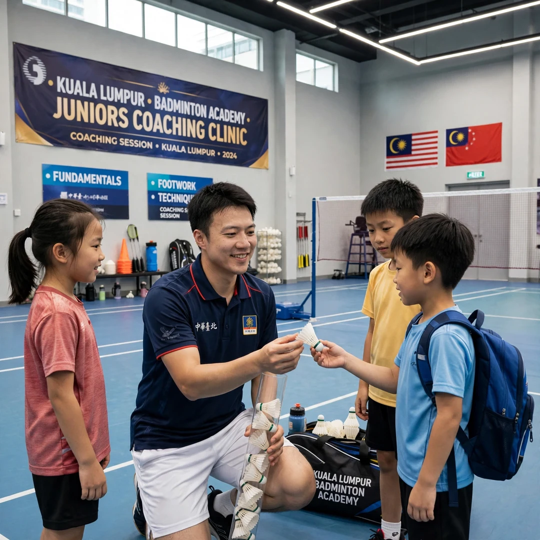 Wang Tzu Wei junior clinic Wang Tzu Wei coaching junior players at a clinic in Kuala Lumpur (AI-generated)