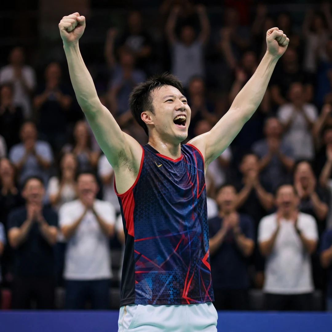 Wang Tzu Wei French Open celebration Wang Tzu Wei celebrating with both fists raised after beating world No. 1 Viktor Axelsen at the 2024 French Open in Paris (AI-generated)