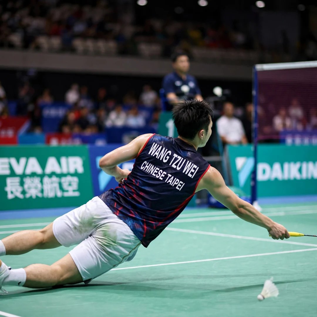 Wang Tzu Wei defence Wang Tzu Wei diving for a defensive return, seen from behind (AI-generated)