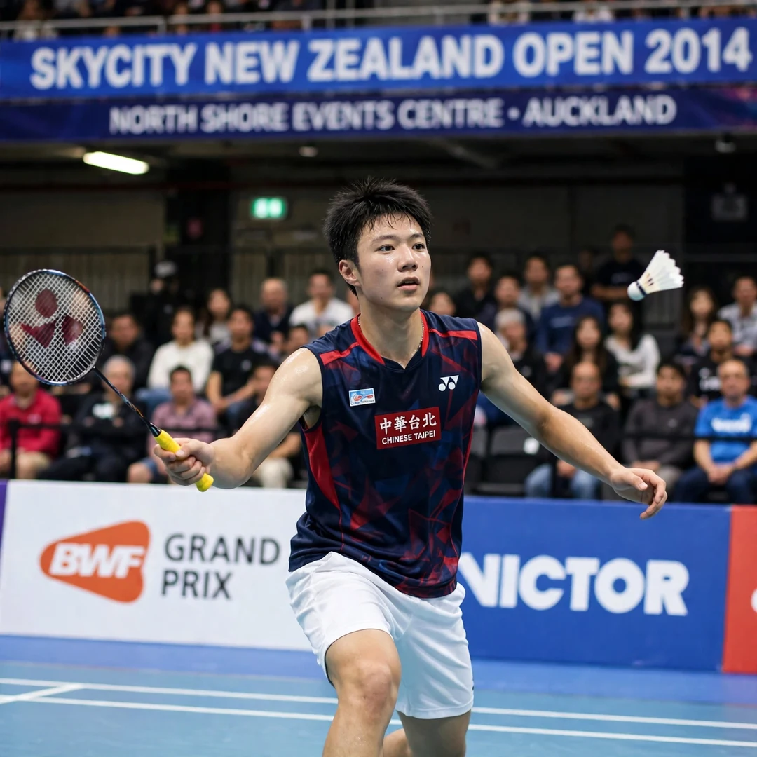 Wang Tzu Wei New Zealand Open 2014 Wang Tzu Wei playing a forehand drive at the 2014 New Zealand Open in Auckland, where he won his first senior international title at 19 (AI-generated)
