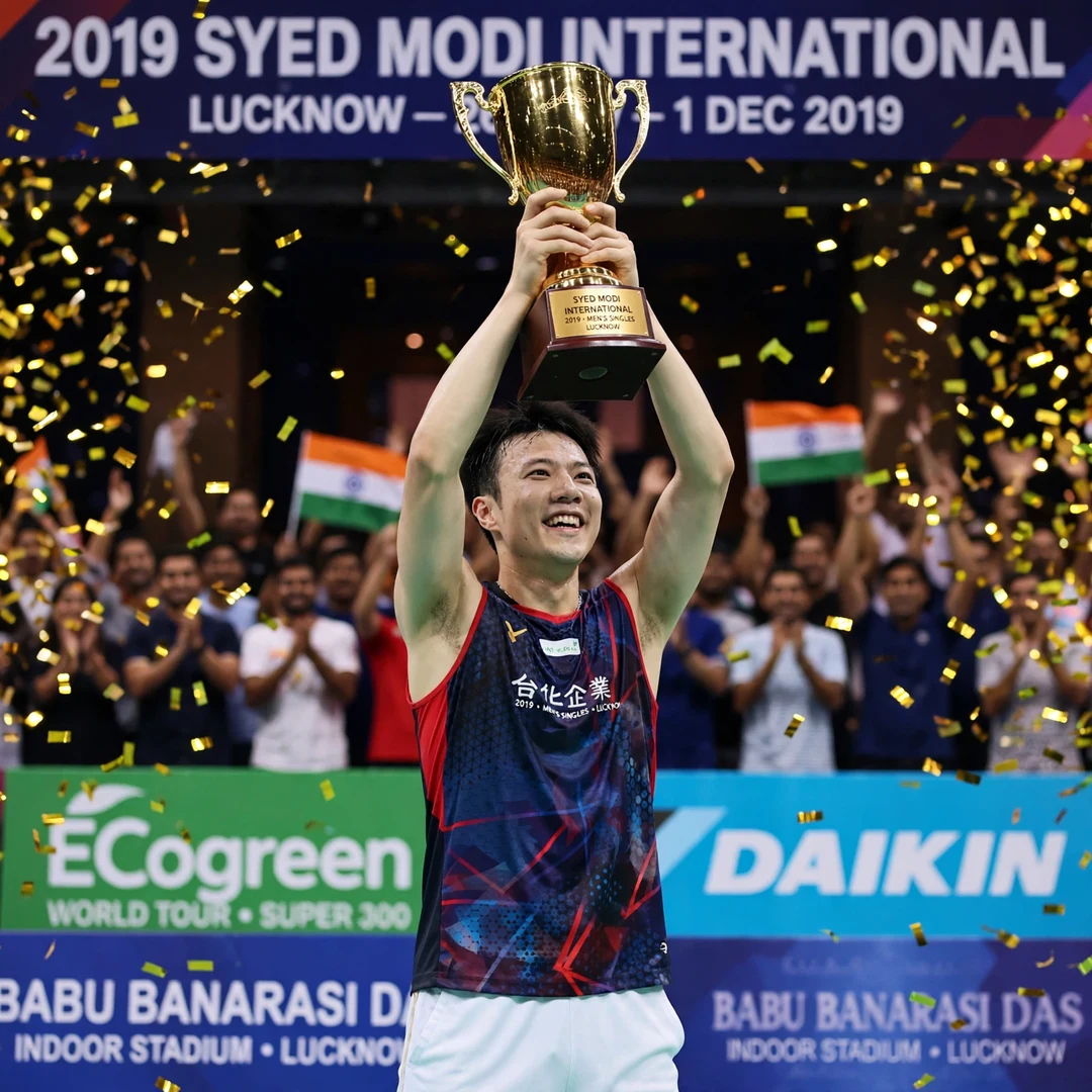 Wang Tzu Wei Syed Modi 2019 champion Wang Tzu Wei lifting the Syed Modi International trophy in Lucknow in 2019, his first BWF World Tour title (AI-generated)