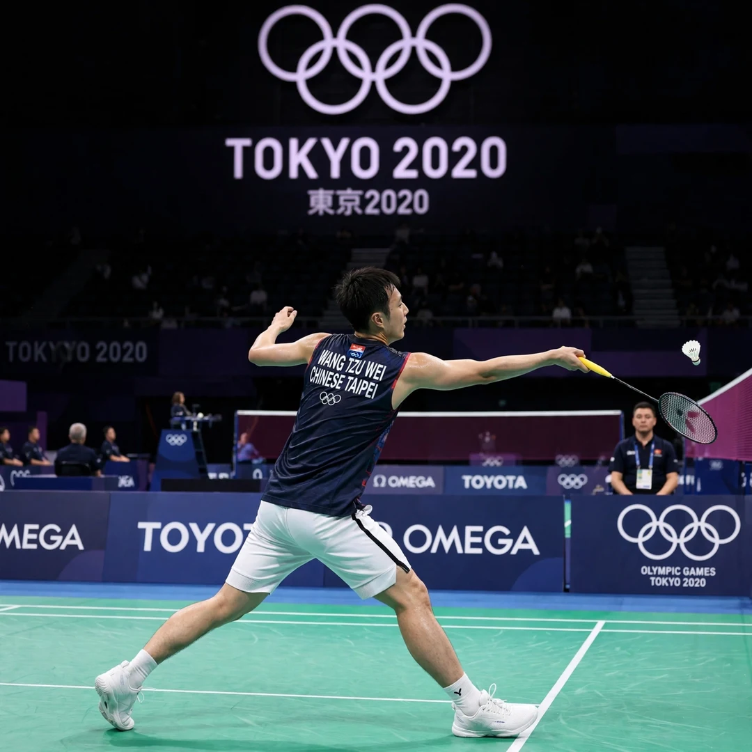 Wang Tzu Wei Tokyo 2020 Olympics Wang Tzu Wei playing a backhand at the Tokyo 2020 Olympic Games, seen from behind (AI-generated)