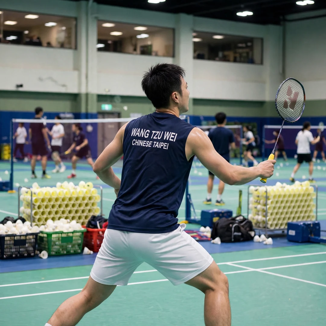 Wang Tzu Wei training Wang Tzu Wei in a multi-shuttle training drill with the Chinese Taipei national team in Taipei (AI-generated)