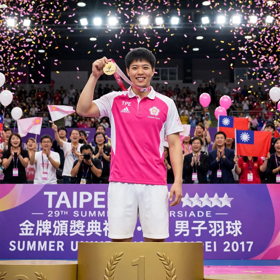 Wang Tzu Wei Universiade gold medal Wang Tzu Wei holding up his gold medal on the podium at the 2017 Summer Universiade in Taipei (AI-generated)