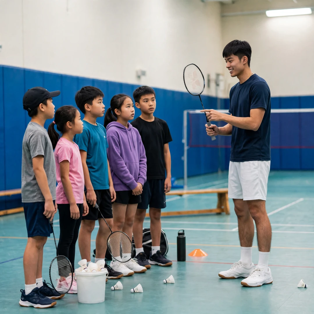 Wang Yu-Kai demonstrating a net shot to junior players at a badminton clinic (AI-generated) Wang Yu-Kai demonstrating a net shot to junior players at a badminton clinic (AI-generated)