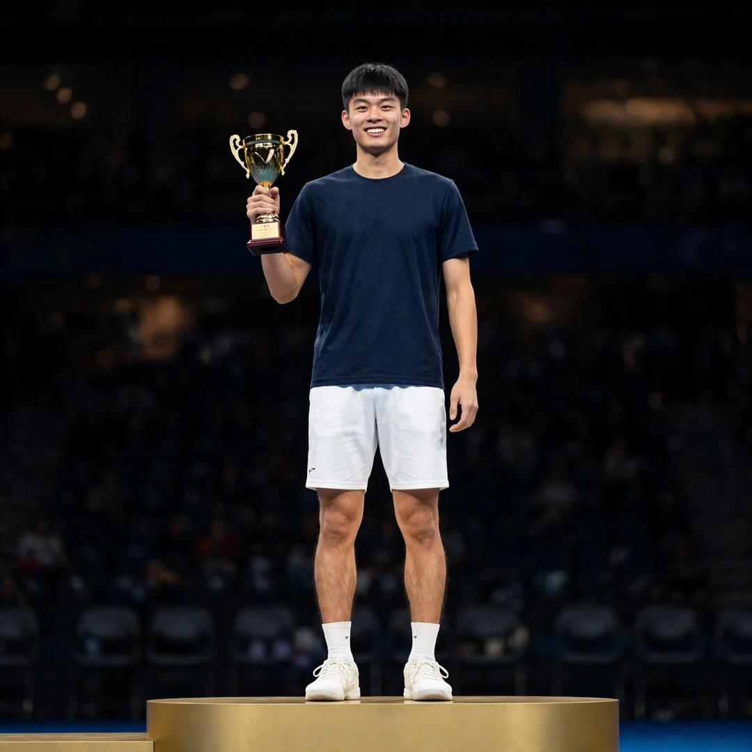 Wang Yu-Kai holding the Sydney International 2025 trophy on the podium (AI-generated) Wang Yu-Kai holding the Sydney International 2025 trophy on the podium (AI-generated)