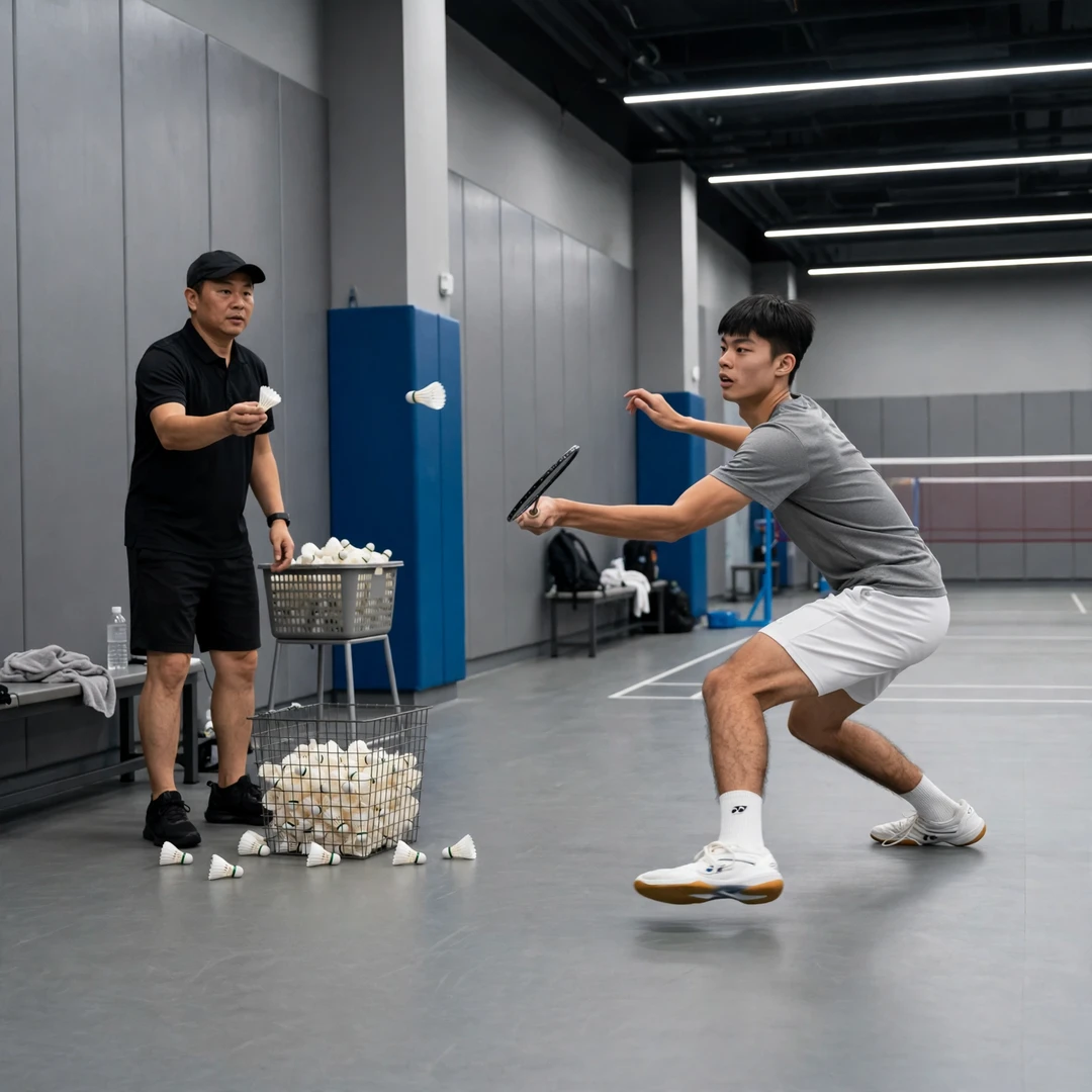 Wang Yu-Kai in a multi-shuttle training drill (AI-generated) Wang Yu-Kai in a multi-shuttle training drill (AI-generated)