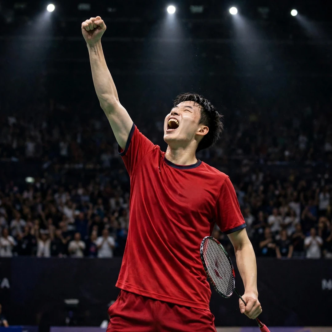 Wang Zheng Xing roaring in celebration after winning a big rally (AI-generated)