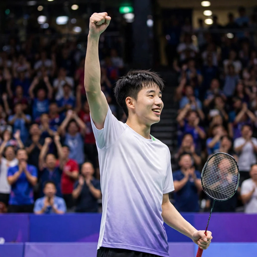 Wang Zheng Xing celebrating a point at the China Open 2025 in Changzhou (AI-generated)