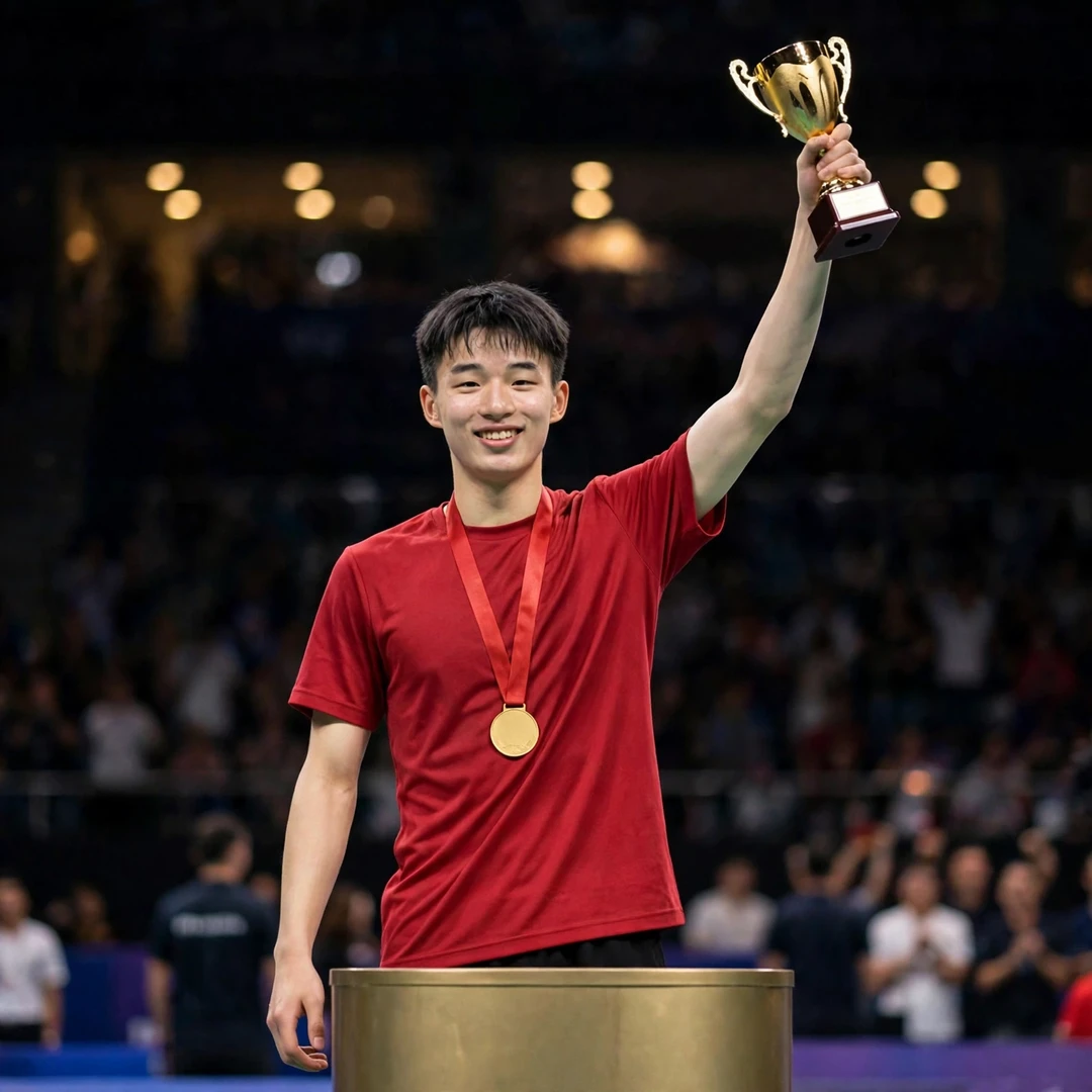 Wang Zheng Xing lifting a trophy on the podium after his first World Tour title (AI-generated)
