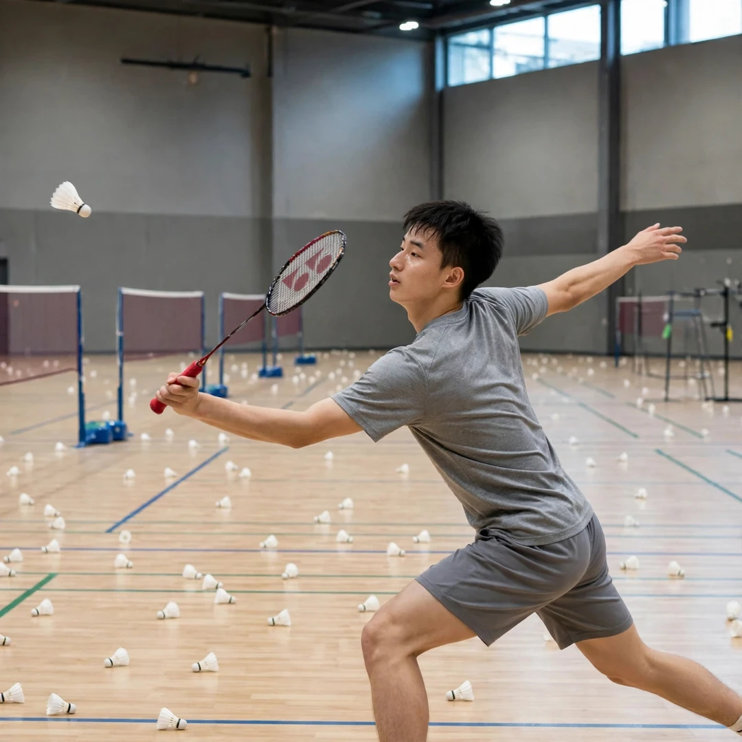 Wang Zheng Xing during a multi-shuttle training session in the hall (AI-generated)