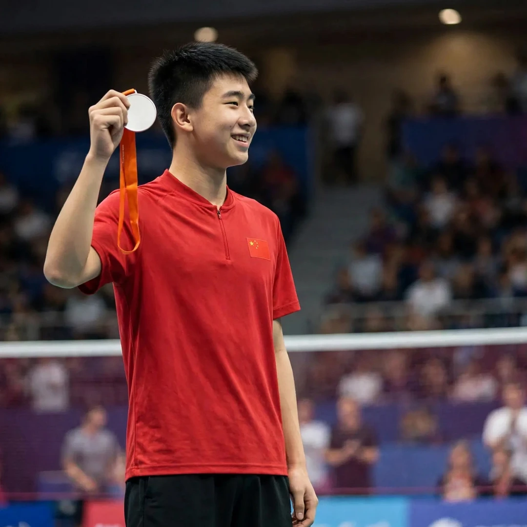 Wang Zi Jun holding up his silver medal from the World Junior Championships 2024 (AI-generated) Wang Zi Jun holding up his silver medal from the World Junior Championships 2024 (AI-generated)