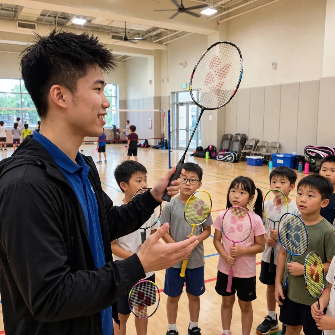 Weng Hong Yang inspiring junior badminton players Weng Hong Yang sharing tips with junior players at a badminton clinic (AI-generated)
