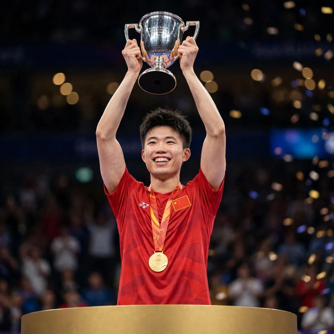 Weng Hong Yang Australian Open 2023 champion Weng Hong Yang lifting the Australian Open 2023 trophy (AI-generated)