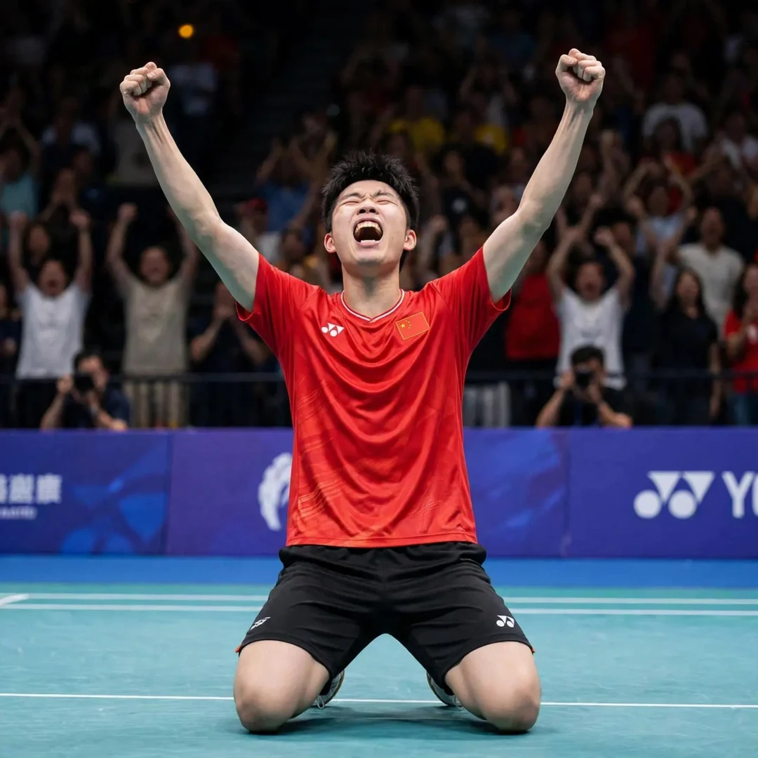 Weng Hong Yang celebrating victory Weng Hong Yang celebrating a championship point on his knees (AI-generated)